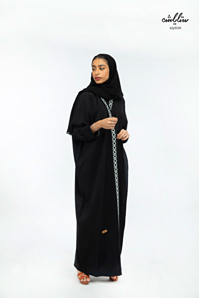 Stylish Linen Special Wrap Abaya in black, decorated with Sadu