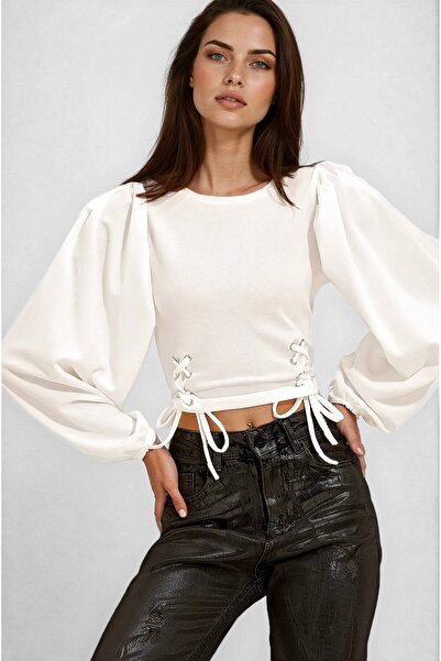 OLSAMODA Women's Eyelet Detail Balloon Sleeve Flexible Fabric Bluse