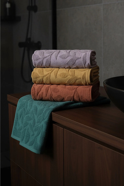 DNZGÜLCAN 4-Piece Hand and Face Towel Set | Leaf Pattern | 50X90 cm | 100% Cotton | Modern | Dowry Chest
