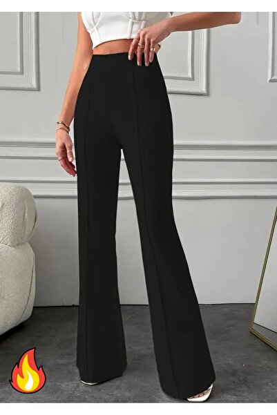 WAYS Black Regular Waist Ribbed Wide Leg Fleece-Lined Pants