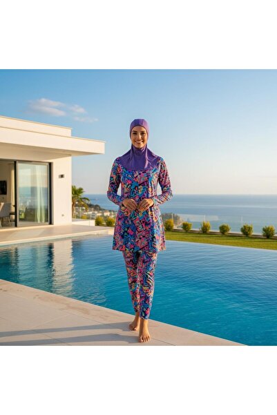 Lio20 Women's Hijab Headscarf Stretch Fabric Sports Cap – Ninja Cap with Neck Collar - Sea Pool - Purple