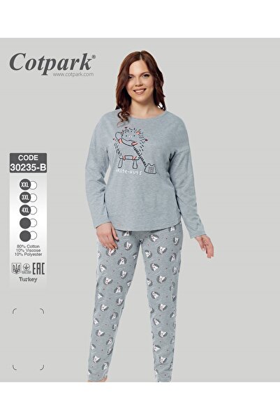 Cotpark Women's Plus Size Cotton Stretch Fabric Long Sleeve Pajama Set - Gray 30235-B