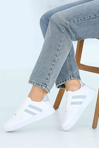 TOFİSA Women's White Gray Striped Faux Leather Sneakers - 27888-White-Grey