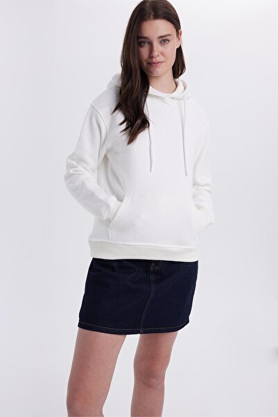 Tudors Women's Relax Fit Comfortable Cut Cotton Hooded Kangaroo Pocket Ecru Sweatshirt