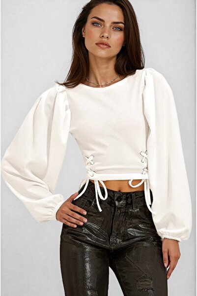 OLSAMODA Women's Eyelet Detail Balloon Sleeve Flexible Fabric Bluse