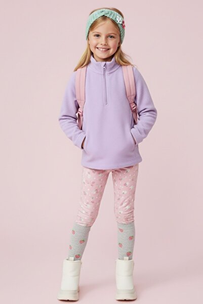 Kübra Tekstil Girls Long Sleeve Purple Mock Neck Half Zip Fleece Top - Girls Sweatshirt, Girls Fleece