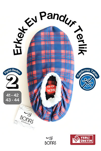 Bonas Erkek Ev Panduf, İçi Kışlık Peluş Sıcak Tutan, ABS Kaydırmaz Tabanlı Ev İçi Ayakkabısı Ekose Desen