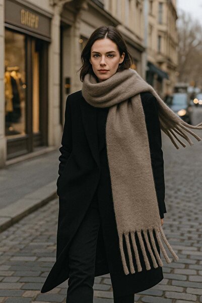 REMSA Women's Tassel Detail Scarf Shoulder Shawl 40X200 cm 1295 Mink