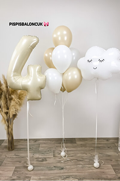 PISPISBALONCUK 4 Yaş Doğum Günü Set Bulut Folyo Balon Bej Krem Yaş Doğum Günü...