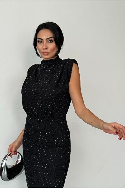 Emel Yıldız Sparkling Shoulder Pad Detailed Stone Dress
