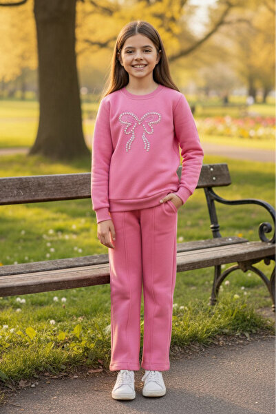 TOFİSA Girl's Pink Pearl Stone Detailed Three Thread Set - 27957-Pink