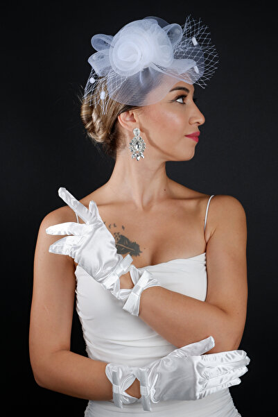 Limelia إكسسوار قبعة الزفاف المزينة باللؤلؤ ومجموعة قفازات الزفاف الساتان مع ...