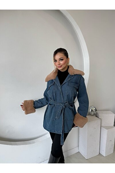 Nsade Ensade Women's Denim Jacket with Collar and Sleeve Fur Detail and Belt – Blue Jean Jacket