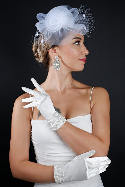 Limelia Tül Çiçek Gelin Nikah Kep Aksesuarı ve İncili Saten Düğün Eldiven Seti