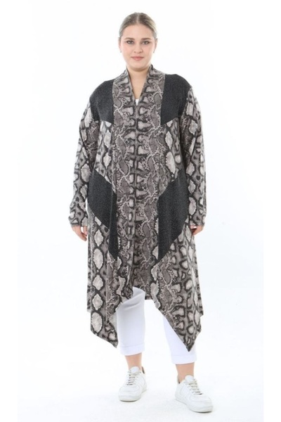 Butik Nilyam Women's Plus Size Asymmetrical Cut Snake Skin Pattern Stretchy Viscose Long Cardigan Black 25000