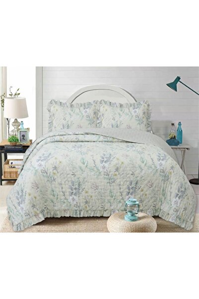 GOBLETTE HOME FLOWERS Serisi ÇİFT Kişilik Kapitone Yatak Örtüsü Seti - Fırfırlı Çiçek Desenli (6 Seçenek)