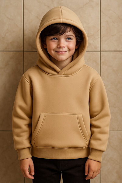 Uğur bebe Light Brown Thick 3 Thread Sh Fleece-Lined K Hooded Unisex Sweatshirt.Cotton Winter Model, Plump Quality