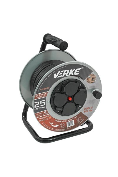 VERKE Black cable extension roll, with metal frame, 20 meters 3 x 1.5 mm