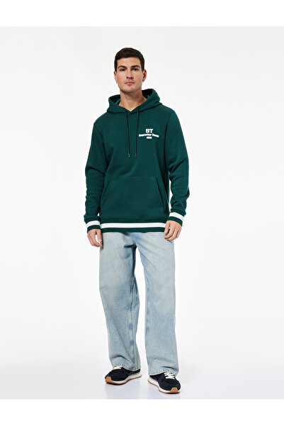 Koton Hooded Long Sleeve Striped Kangaroo Pocket Printed Sweatshirt