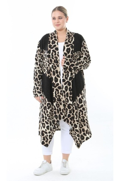 Butik Nilyam Women's Plus Size Asymmetrical Cut Leopard Print Stretchy Viscose Long Cardigan Black 25000