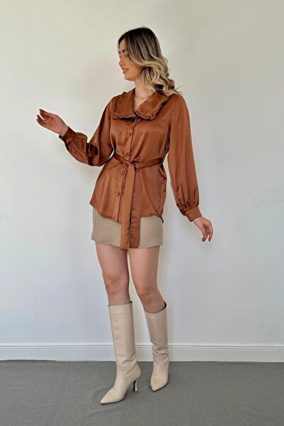 Lady Moss Brown Satin Shirt with Ruffled Collar and Belt