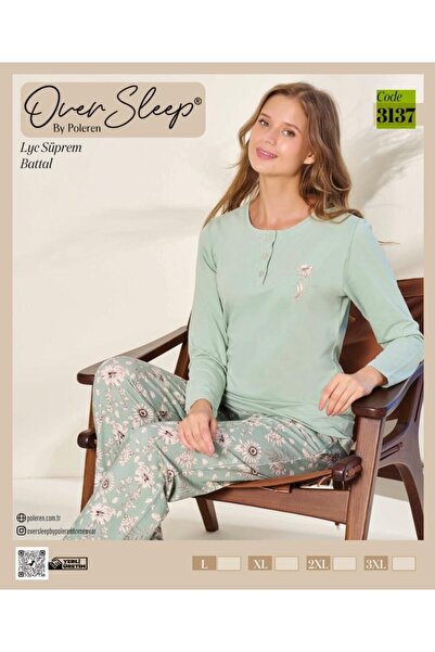 Over Sleep by Poleren Over Sleep 3137 Green Floral Patterned Half Buttoned Oversized Plus Size Pajama Set