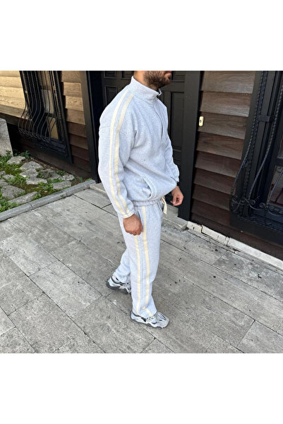 Silerra Men's Double Stripe Tracksuit Set Mock Neck Zippered Sweatshirt Tube Leg Bottom, Oversized 3 Thread Cotton