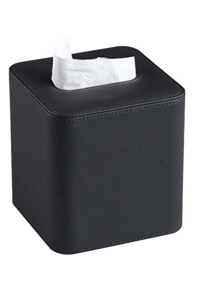 Generic Square PU Leather Tissue Box Cover - Magnetic Bottom, Rounded Edges (Black)