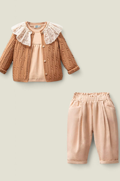 damdamin 100% Cotton Baby Girl Collar Lace Buttoned Knit Cardigan & Robadan B...