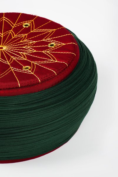 Sarıkhane Student Yellow - Green Fabric - Burgundy Headscarf - Round Wrap - Bird's Eye - 5 Meters
