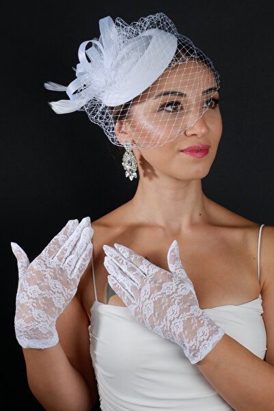 Hayalperest boncuk Beyaz File Detaylı Gelin Şıklığı Nikah Kep ve Kısa Stil Dantel Parmaklı Düğün Eldiven Seti