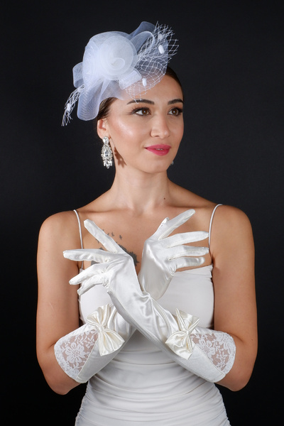 Hayalperest boncuk Tulle Bridal Wedding Headpiece Accessory and Long Lace Satin Bow Wedding Gloves Set