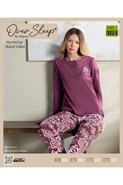 Over Sleep by Poleren Over Sleep 3124 Mürdüm Çiçek Desenli Yarım Düğmeli Batt...