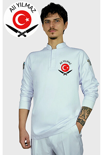 Üniformanya Jachetă albă de bucătar cu broderie cu steagul turcesc și cuțit, cu cadou cu nume, haine de bucătar, uniformă de bucătar