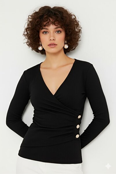 Sienza Women's Black Button Detailed Double-Breasted Blouse