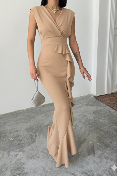 ALFUDO Moda Collection Women's Navy Blue Scuba Diver Fabric Double Breasted Collar Skirt with Flounces Evening Dress Graduation Wedding Dress