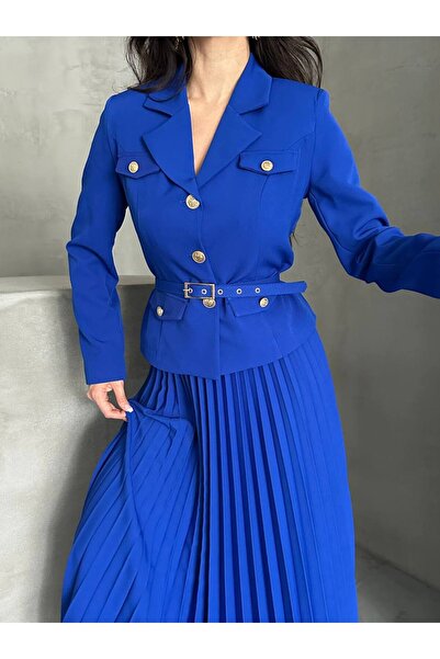 Bella Breeze Kadın Kemerli Gold Düğmeli Premium Ceket Pileli Uzun Etek Takım Elbise