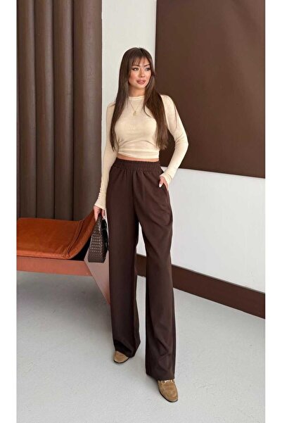 mor butik Morbutik Women's Brown Height-Extending Body-Defining High-Waist Wide-Leg Draped Pants