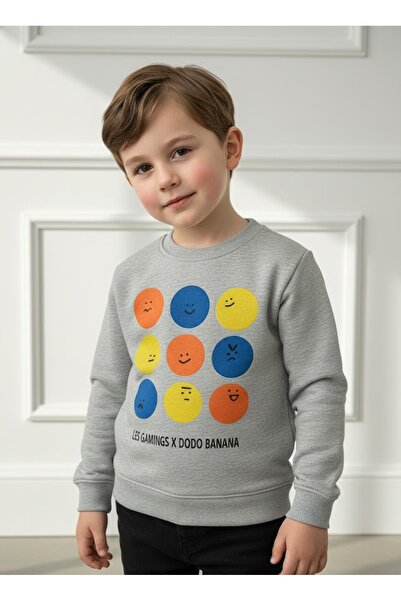 KUMRUNUN DÜNYASI Smile Printed Gray Fleece-Lined Sweat Boy's Sweatshirt (Narrow Fit)