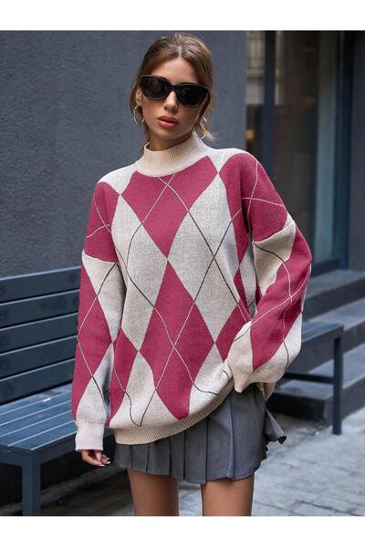 Dier Moda Pulover de tricotat guler ridicat cu model Baklava pentru femei, pulover de tricotat Fmoda6100