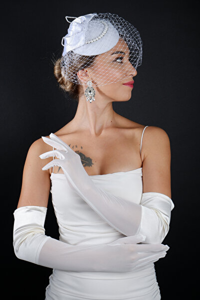 Limelia Accesoriu pentru mireasa din plasă de perle și set de mănuși de nuntă până la cot