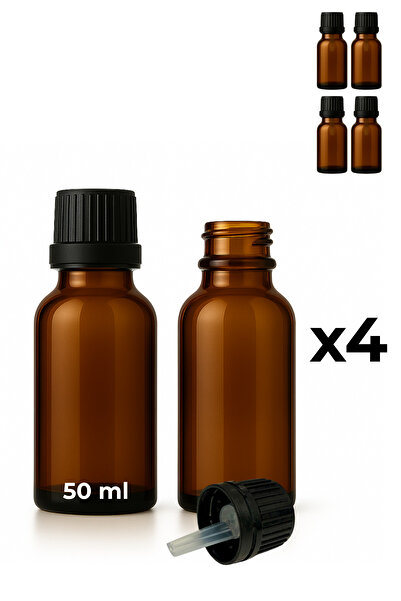 Seray Cam 4 قوارير سيروم زجاجية كهرمانية اللون سعة 50 مل + غطاء أسود مع قطارة...