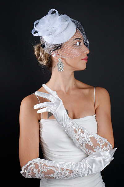 Limelia Dantel İşlemeli Uzun Saten Eldiven Gelin Nikah Düğün Kep Aksesuar Seti