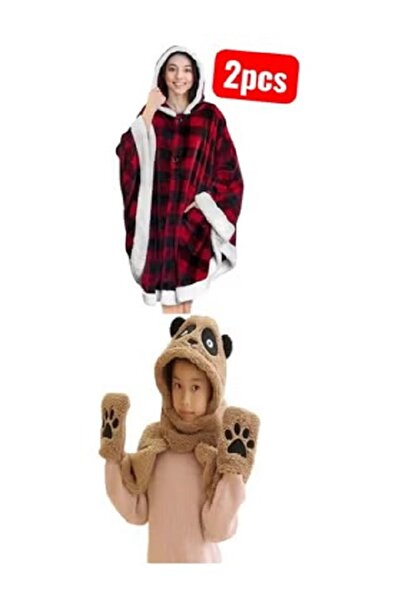 Generic بطانية شال ناعمة ودافئة شتوية فخمة + أوشحة باندا مع قفازات