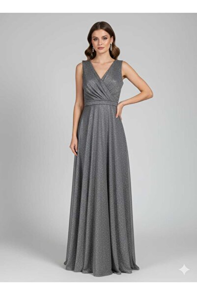 FUNDA Fashion V Yaka Sıfır Kol Gümüş Kendinden Simli Kumaş Astarlı Davet Nişa...