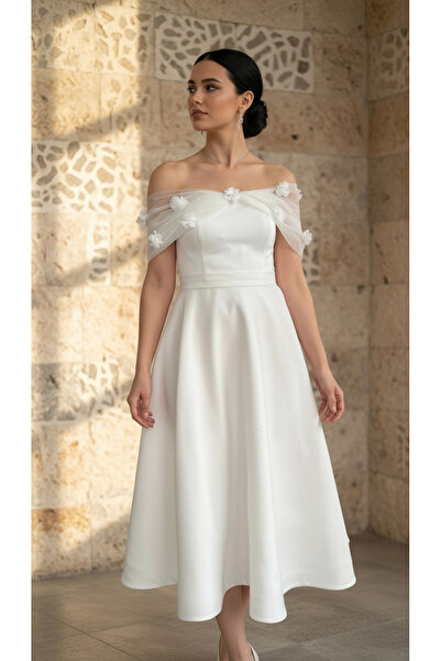 SEDABULBULTASARİM Beyaz Tül Yaka Straplez Çiçekli Kloş Abiye Elbise