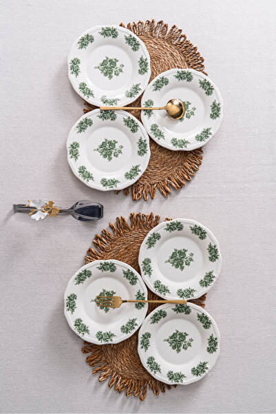 RUBİ PORSELEN Vintage Flowers Green 19 cm Set of 6 Porcelain Dessert & Cake Plates –