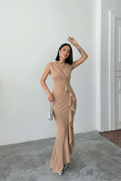 ALFUDO Moda Collection Women's Navy Blue Scuba Diver Fabric Double Breasted Collar Skirt with Flounces Evening Dress Graduation Wedding Dress