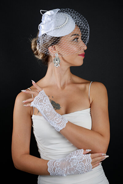 Limelia İnci Detaylı Gelin Nikah Kep Aksesuarı ve Parmaksız Dantel Düğün Eldiven Seti