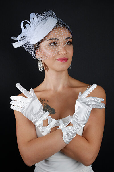 Hayalperest boncuk Polka Dot Detailed Wedding Cap Accessory and Bridal Wedding Gloves Set with Double Ribbon